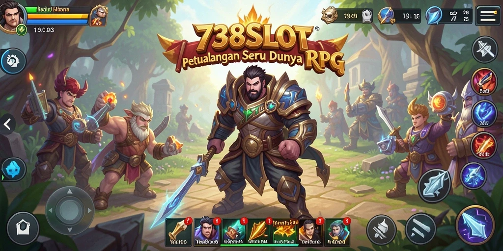 Screenshot gameplay 738SLOT menunjukkan pertarungan seru dan karakter yang menakjubkan.