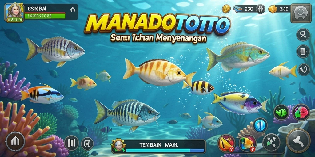 Tampilan gameplay <strong>MANADOTOTO</strong> yang menampilkan aksi menembak ikan secara seru.