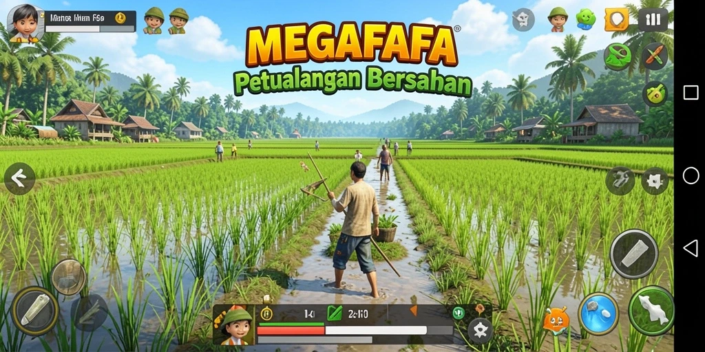Screenshot gameplay MEGAFAFA menampilkan aktivitas berkebun yang seru.
