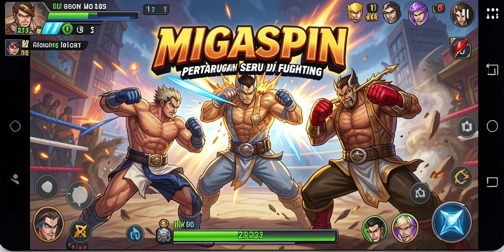 Tampilan gameplay MIGASPIN menunjukkan pertarungan seru dan dinamis.