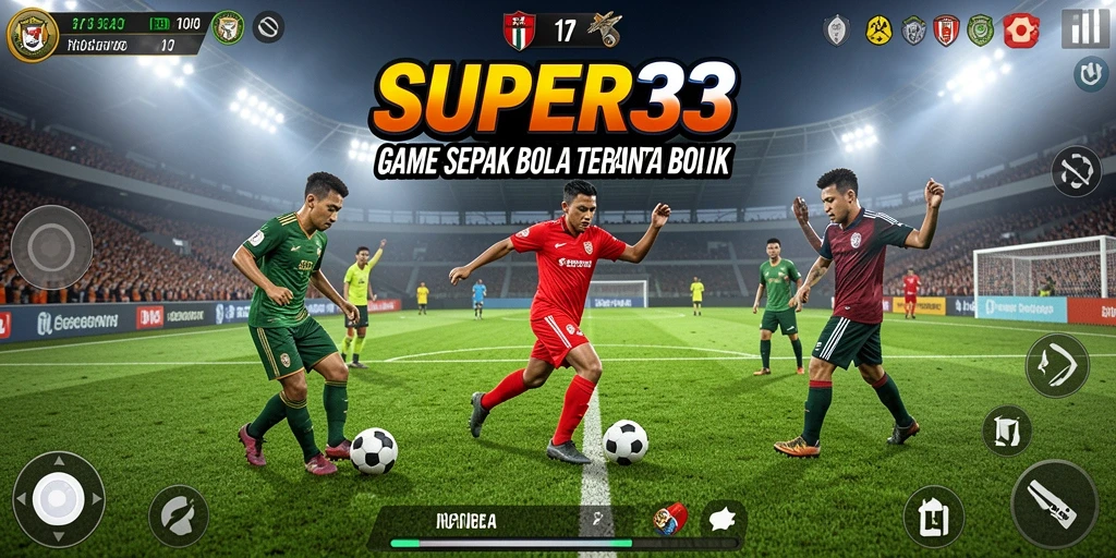 Screenshot gameplay SUPER33 menunjukkan aksi seru di lapangan sepak bola.