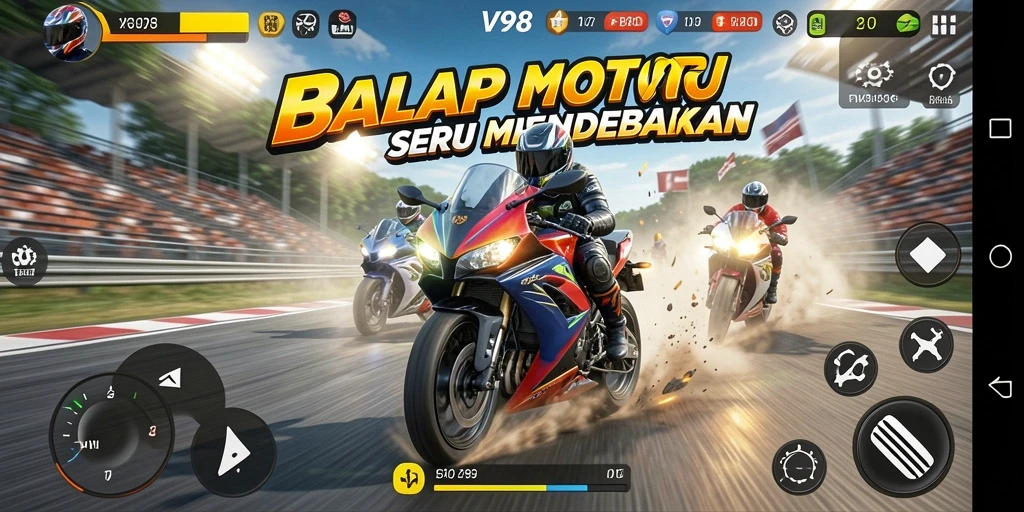 Screenshot gameplay V98 menampilkan aksi balap motor yang mendebarkan.